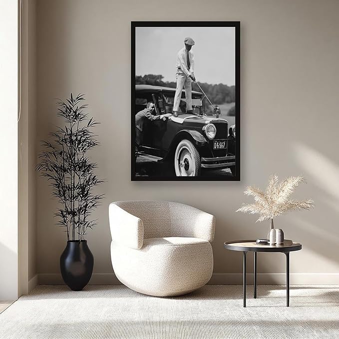UXCBIA Vintage Golfer Teeing on Car, Black And White, Sports Bar Wall Decor, Funny for Men Poster Canvas Poster Bedroom Decor Sports Landscape Office Room Decor Gift Black Frame 16x24in(40x60cm) - Image 8