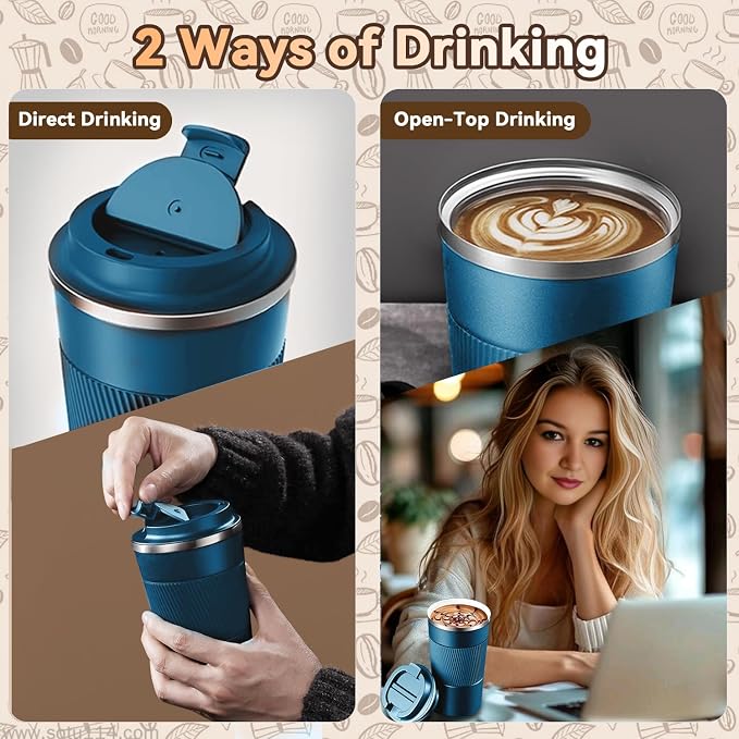 12OZ Travel Coffee Mug Insulated Coffee Cup with Spill Leak Proof Lid, Portable Stainless Steel Tumbler Reusable Hot and Cold Water Mug for Car, Daily, Camping- Blue - Image 8