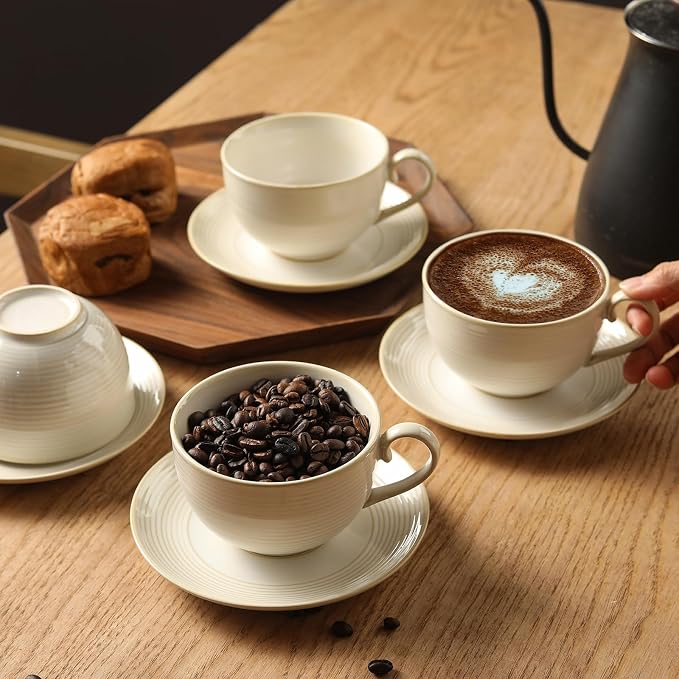 12Oz Coffee Cups with Saucers, Ceramic Espresso Cup Set of 4, Cappuccino Cups Set, Tea Mugs and Saucer, Microwave Dishwasher Safe Drinkware for Home, Cafe, Housewarming Gifts - Image 9