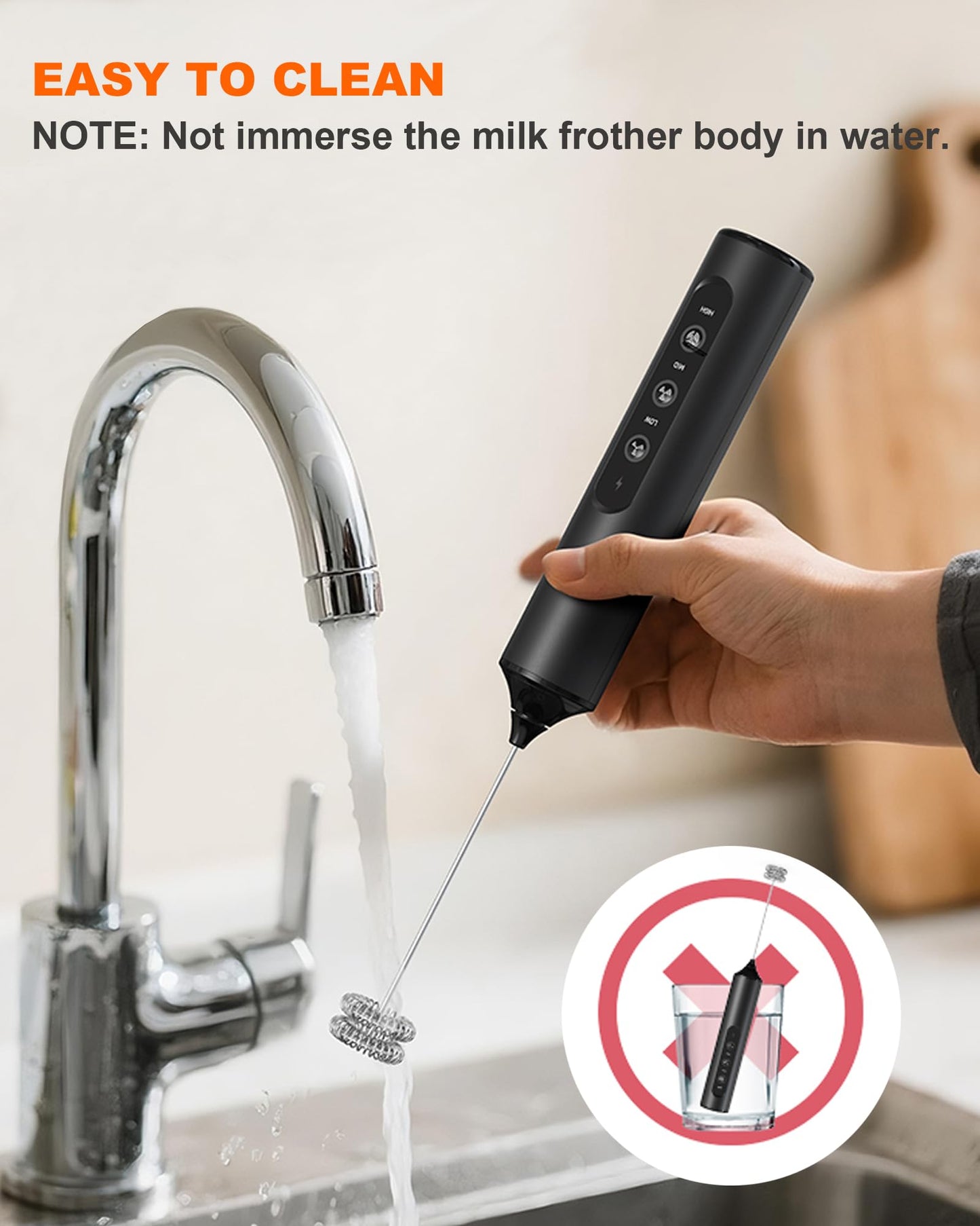 Rechargeable 3-Speed Milk Frother Wand (Black)