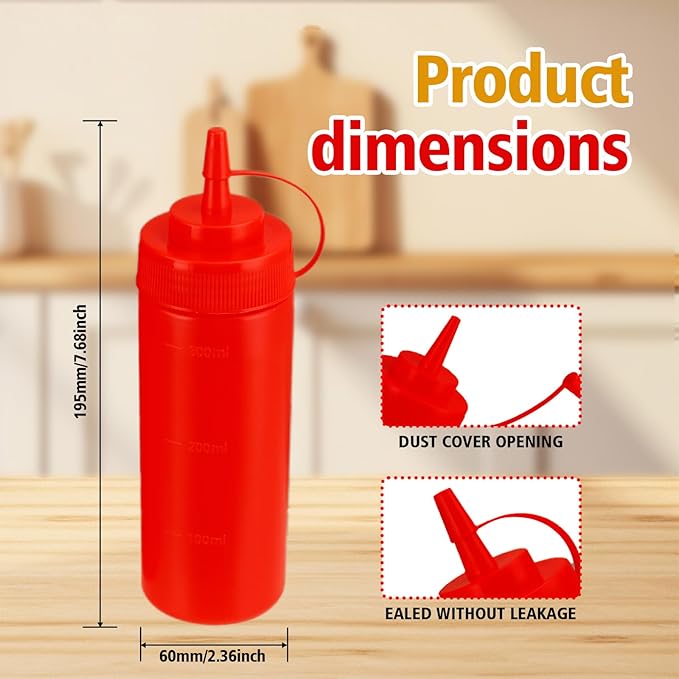 Squeeze Bottles for Sauces,Leak-Proof Condiment Dispenser, BPA-Free Kitchen Restaurant Squeeze Bottle Set with Wide Mouth for Ketchup, Mustard,Syrup,Dressings (Red, 2Pack-12oz(300ml))