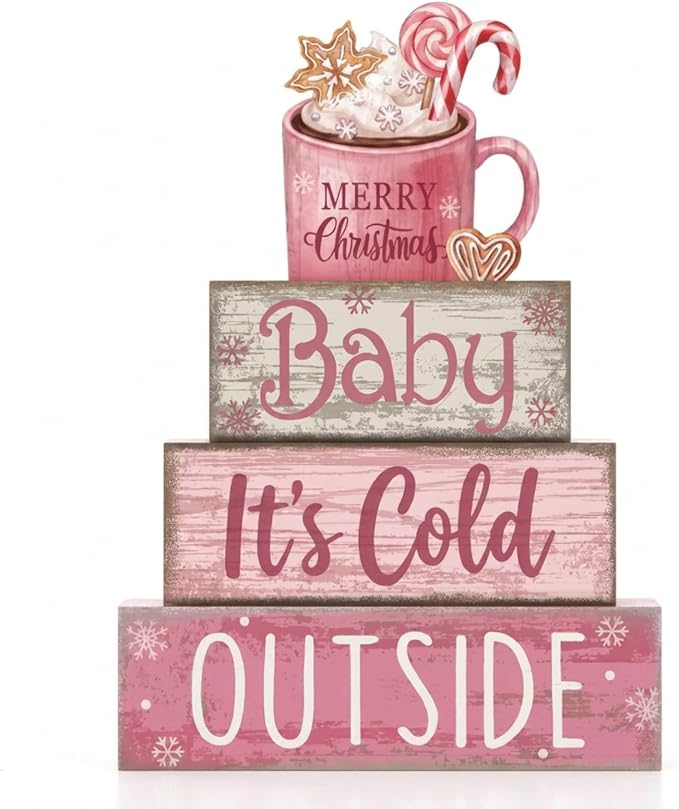 Moucuny 4 Pcs Pink Christmas Table Decor Wooden Hot Chocolate Cocoa Tiered Tray Decorationโ โBaby It's Cold Outsideโ Wooden Sign with Mug & Snowflakes, Winter Centerpiece for Home Coffee Bar Gift by Moucuny