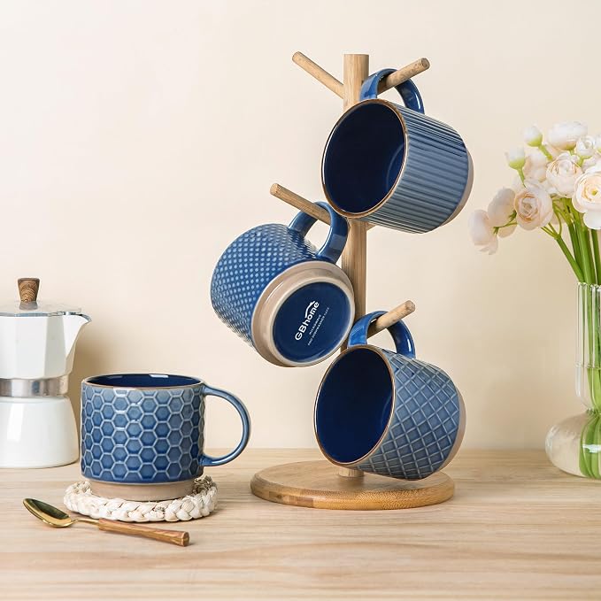 GBhome 12 OZ Stackable Coffee Mugs Set of 4, Ceramic Coffee Cups Set | Coffee Mugs With Stand, Dishwasher&Microwave Safe, 4 Assorted Designs - Image 8