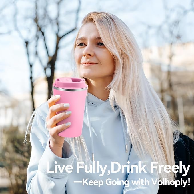Volhoply 12 oz Double Wall Insulated Vacuum Travel Coffee Mug with Flip Lid,Reusable Stainless Steel Leak Proof Coffee Cup,Portable Iced Cafe Thermal Tumbler Suitable for Hot & Cold Drinks(Pink,1 Set) - Image 7