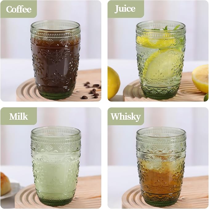 abrwyy Green Drinking Glasses, Vintage Glassware, 14oz Green Glass Cups | Lead-Free Glass, Thick&Durable Glass, Home Decoration, Drinking Glasses Set of 6 - Image 7