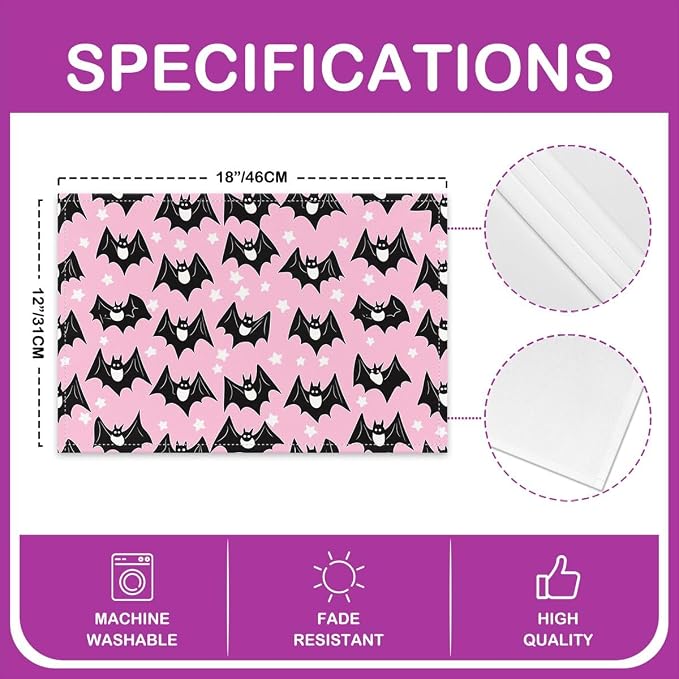 Feelyou Happy Halloween Placemats Set of 4 Cat Bats Table Mats for Party Kitchen Dining Decoration Holiday Seasonal Pink Black Place Mat for Dinner Table Indoor Outdoor 18"x12" Non-Slip Easy to Clean - Image 4