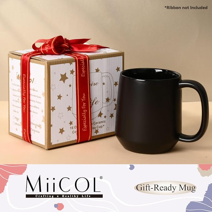 Miicol Ceramic Coffee Mug, 16 oz Large Coffee Cup, Tea Mug with Handle, Flat Bottom Mug for Men, Women, Office, Microwave and Dishwasher Safe, Multi-Color, Black - Image 9