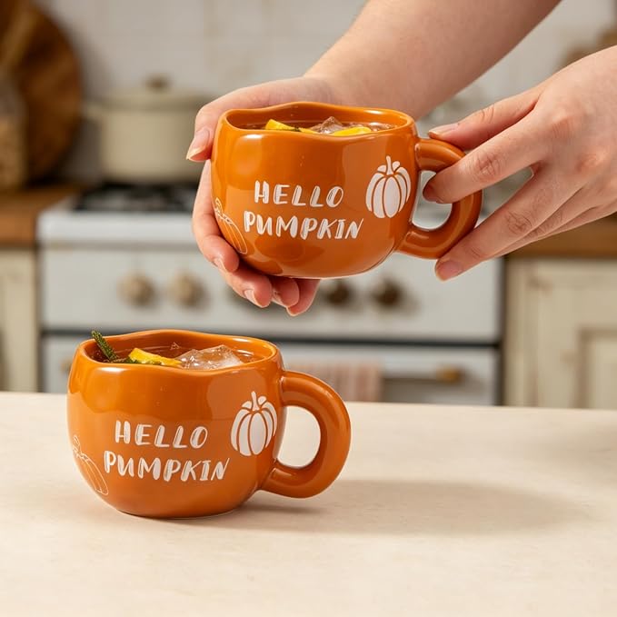 4pcs Ceramic Mugs Set, 9.4OZ Cute Coffee Cup Set, Hello Pumpkin Design, Dishwasher Safe, Gift for Fall/Halloween/Thanksgiving (Pumpkin) - Image 9