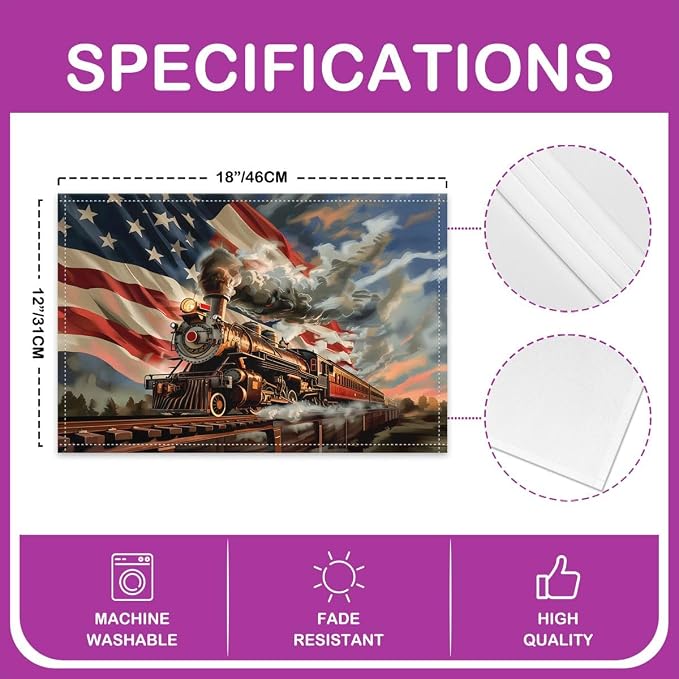Feelyou Train Placemats Set of 4 American Flag Table Mats Colorful Steam Engine Place Mat for Kitchen Dining Table Party Decor Indoor Outdoor 18"x12" Transportation Vehicle - Image 4
