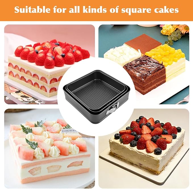Set of 3 Springform Cake Tins Heavy Duty, Double Layer Non-Stick Coating, Removable Base, Heavy Duty Carbon Steel, Perfect for Frozen Desserts - Oven Safe Bakeware(SIZE:square) - Image 9