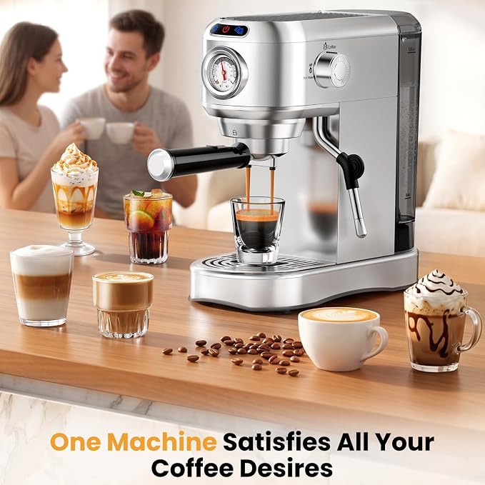 Espresso Machine 20 Bar, Compact Espresso Coffee Machine with Milk Frother, Stainless Steel Coffee Maker with 34oz Removable Water Tank, Cappuccino Machine for Home, Office, Latte (Silver) - Image 9