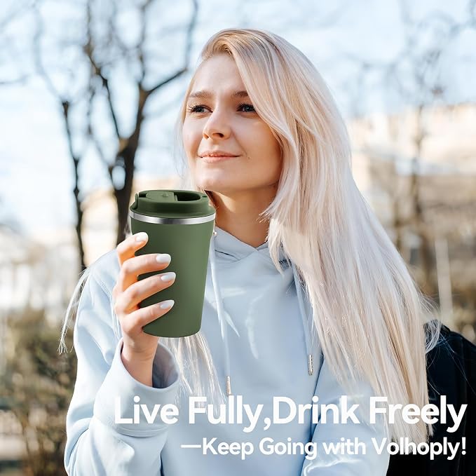Volhoply 12 oz Double Wall Insulated Vacuum Travel Coffee Mug with Flip Lid,Reusable Stainless Steel Leak Proof Coffee Cup,Portable Cafe Thermal Tumbler Suitable for Hot&Cold Drinks(Army Green,1 Set) - Image 7