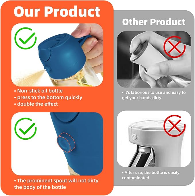 TrendPlain 16oz/470ml Glass Olive Oil Sprayer for Cooking - 2 in 1 Olive Oil Dispenser for Kitchen Gadgets, Air Fryer, Salad, and BBQ - Navy - Image 7
