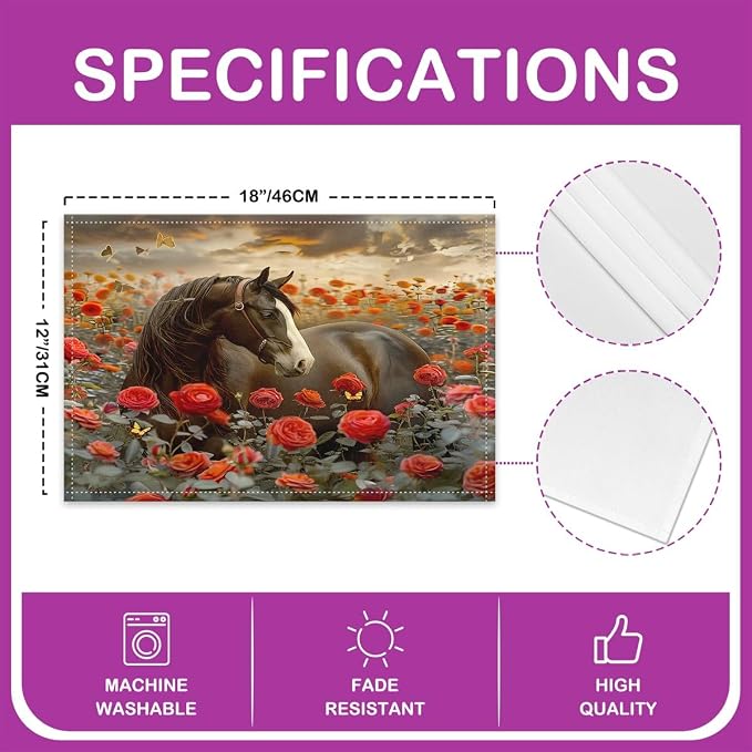 Feelyou Horse Placemats Set of 4, Galloping Horse Table Place Mats Rose Horse Placemat for Kids Toddler Black Horse Indoor Outdoor Decor Table Mats Kids Table Decor 18"x12" - Image 4