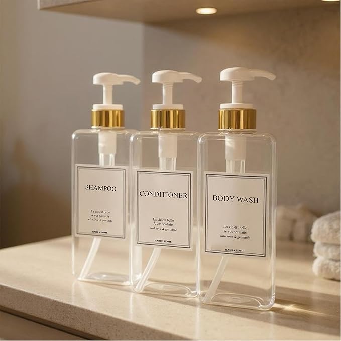 Modern Gold Design Large 27 oz Shampoo and Conditioner Dispensers - Plastic Refillable Pump Bottle Set for Bathroom Shower Soap Dispenser, Includes 6 Waterproof Labels, Set of 3 (Clear & White)