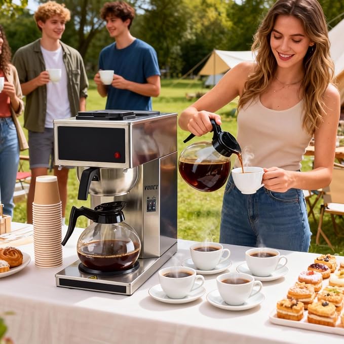VONCI 1610W Commercial Coffee Maker, 12 Cup Drip Coffee Machine, 2 Glass Carafes and 2 Warmers, Stainless Steel Housing & Funnel, Industrial Coffee Maker for Offices, Hotels, Home - Image 9