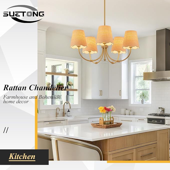 Boho Rattan Chandelier with Fabric Shade, Antique Gold Brass Farmhouse Chandeliers, 5-Lights Coastal Gold Pendant Light Fixtures for Dining Room Kitchen Island Living Room Hemp Rope - Image 9
