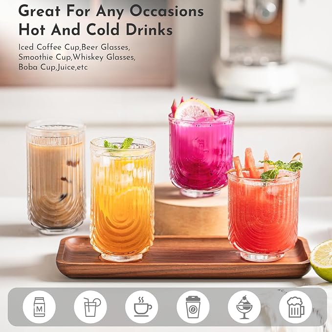 Vintage Glassware Arch Design Glass cups Set of 4, Fashioned Ripple Glassware Highball Glass, Classic Transparent Cocktail Glasses, for Bar Beverages Ice Coffee Juice Water (4pcs-L) - Image 6