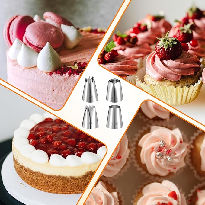 4PCS Extra Large Piping Tips Set, Stainless Steel Round Piping Tip, Frosting Icing Tips, Large Star Square Wide Jumbo Pipings Tip for Cupcakes Cakes Cookies