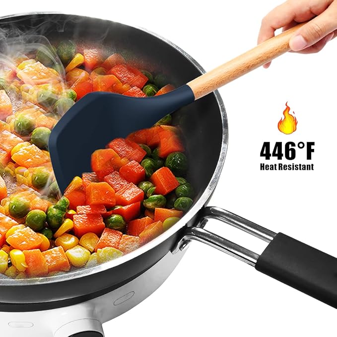 oannao Silicone Cooking Utensils Set - 446°F Heat Resistant Silicone Kitchen Utensils for Cooking,Kitchen Utensil Spatula Set w Wooden Handles, BPA FREE Gadgets for Non-Stick Cookware (Navy Blue) - Image 9