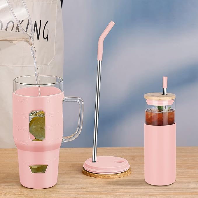 Glass Cups with Lids and Straws - 40 oz Tumbler with Handle - 16 oz Reusable Water with Bamboo Lid, Stainless Steel Straw, Silicone Sleeve for Coffee, Smoothi, Hot, Cold Drinks (2 Count)