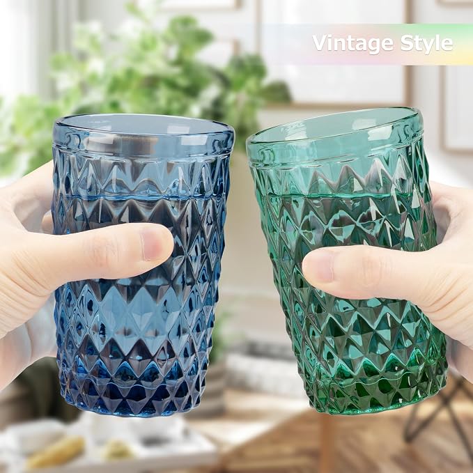 Topsky Highball Drinking Glasses Set of 6,12 oz Colored Glassware with Geometric Diamond Pattern,Embossed Diamond Tumblers,Blue Vintage Glassware Set for Beer,Juice,Cocktail - Image 8