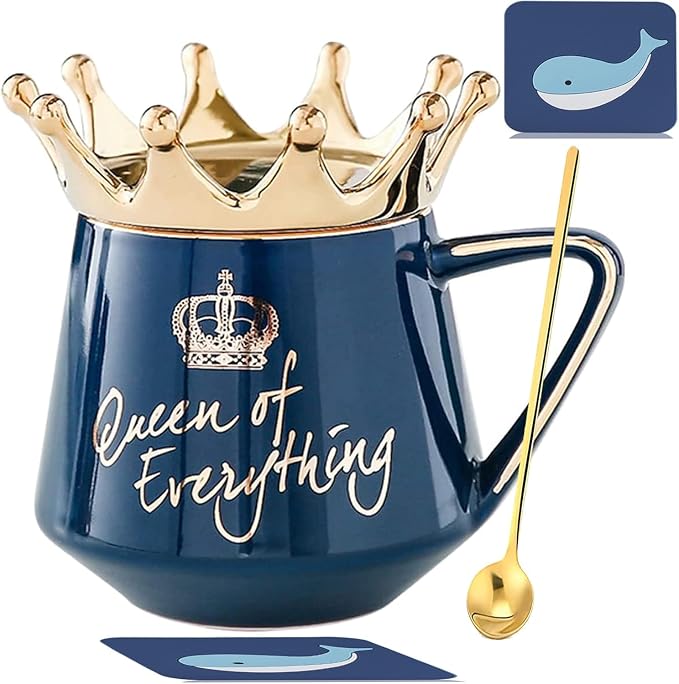 Arawat Queen of Everything Mug with Lid Cute Mugs with Crown Dark Blue Coffee Mug with Spoon & Coaster 12 oz Ceramic Tea Cup Birthday Gift for Women Girl Mom Friend Valentine's Day Gifts for Women Man - Image 7