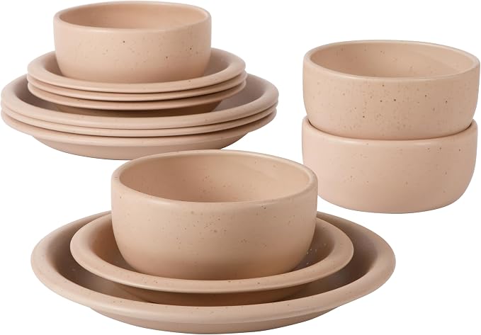 Bloomhouse - Two Time Oprah's Favorite Things Winner - Corsica Clay 12 Piece Stoneware Rustic Reactive Glaze Dinnerware Set - Stackable Plates and Bowls Set. Service for 4 - Matte Prosecco Blush Pink - Image 6