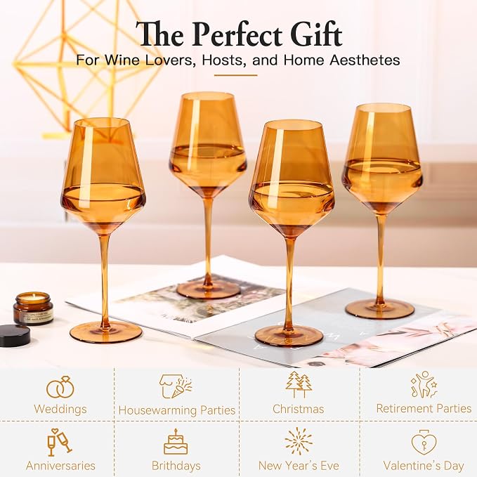 Amber Wine Glasses Set of 6, Handblown Colored Wine Glasse,Amber Coloful Glassware,17OZ for Red or White Wine - Image 7