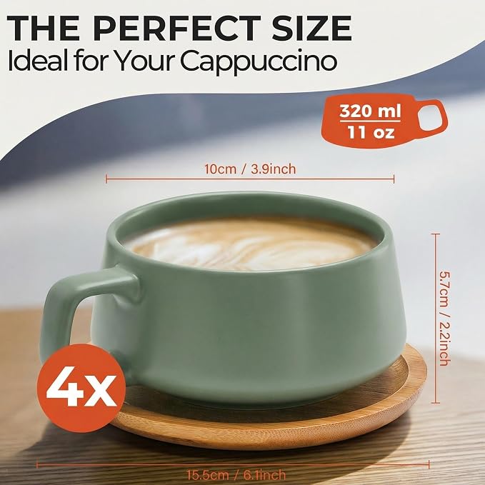 MIAMIO - Cappuccino Cup Set of 4, Ceramic, Wide (9.5oz) - Luxe (Evergreen) | Ceramic cappuccino cups and saucers, wide latte cups and mugs for Americano, 4-piece set of ceramic cups, dishwasher safe - Image 6