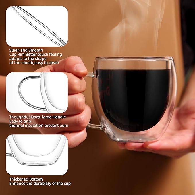 CNGLASS 12oz(4-pack) Double Walled Glass Coffee Mugs,Insulated Glass Mugs with Handle,Clear Espresso Cups for Latte,Cappuccino,Tea Bag