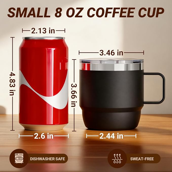 8 oz Small Coffee Mug with Magnetic Sliding Lid & Handle | Ceramic-Lined 18/8 Stainless Steel, Double-Wall Vacuum Insulated, Stackable, Dishwasher Safe, Mini Coffee/Tea Cup, 2 Pack - Image 9