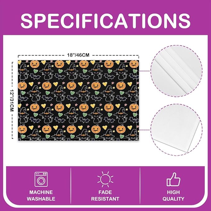 Feelyou Happy Halloween Placemats Set of 4 Pumpkin Lantern Table Mats for Party Kitchen Dining Decoration Black Orange Green Place Mat for Table Holiday Decor Indoor Outdoor 18"x12" Non-Slip - Image 4