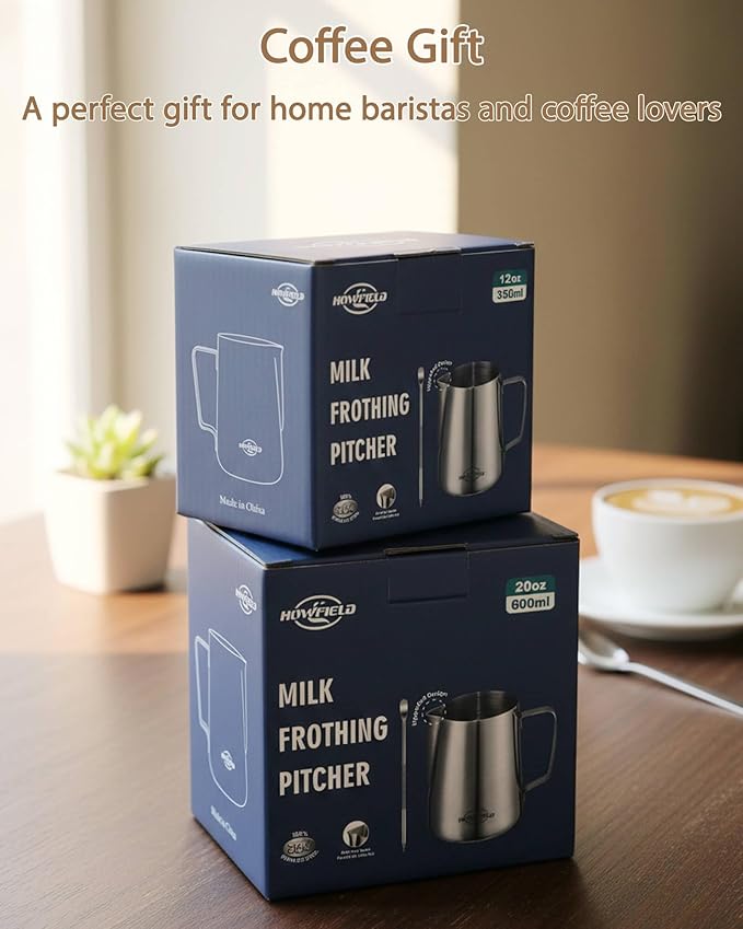 12oz Milk Frothing Pitcher, Stainless Steel with Latte Art Spout & Measurement Markings for Home Baristas, Silver
