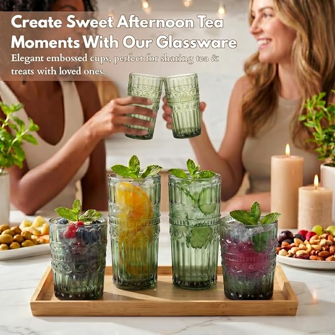 Green Drinking Glasses Set of 12, 12 Oz Highball & 10 Oz Cocktail Glasses, Green Kitchen Vintage Glassware Set, Floral Embossed Glass Tumbler Cups for Beer, Juice, Whiskey, Coffee(Crown) - Image 7
