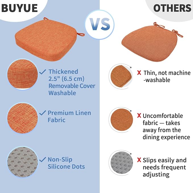 BUYUE Thickened 2.5" Friendly Woven Fabric Dining Chair Cushion, U-Shape High Density Foam Comfortable Chair Pad for Kitchen, Slip Resistant Indoor Seat Cushion (1 Piece, Orange) - Image 6