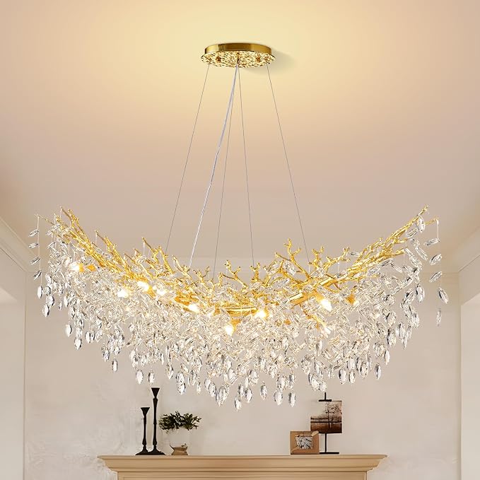 55" Crystal Tree Branch Chandelier Gold Rectangular Chandelier | 16 Lights Luxury Raindrop Chandeliers Modern Hanging Pendant Light Fixtures for Dining Room Kitchen Island Living Room - Image 7