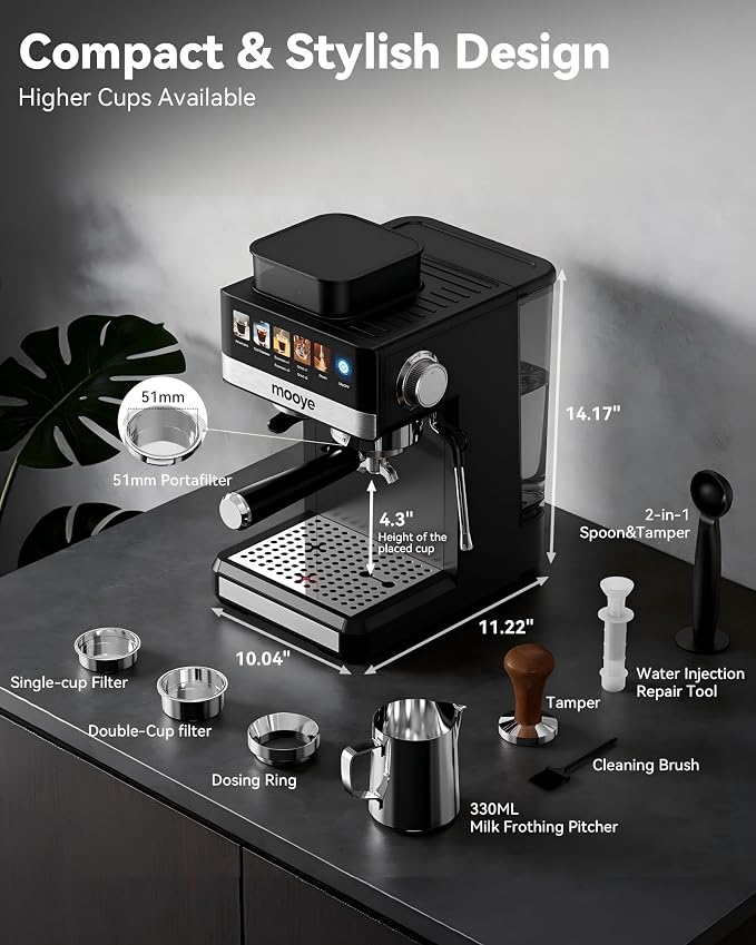 Espresso Machine with Grinder,20Bar Compact Espresso Maker with Steam Milk Frother,Coffee Maker for Home (black, medium) - Image 8