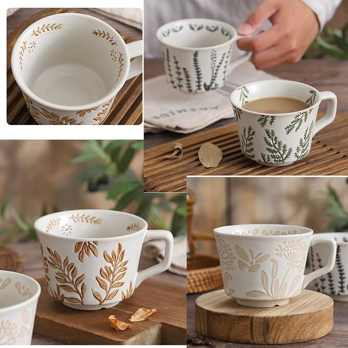 Small Ceramic Mug, 11oz - Vintage Cup Mug for Coffee Milk Latte Cappuccino Tea, Plant Porcelain Cup Dishwasher Microwave Freezer Safe Stoneware 1 PC Black Leaf Cup - Image 6
