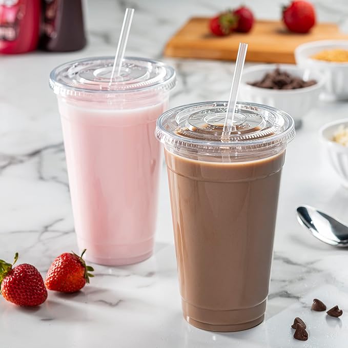 GUSTO [24 oz - 100 Sets Clear Plastic Cups with Lids and Straws – Disposable Iced Coffee Cups for Cold Drinks, Smoothies, and To-Go Beverages – Sturdy, Easy-to-Separate