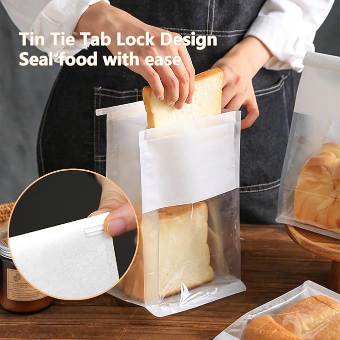 50 PCS White Bread Bags for Homemade Breads, 11x5.1x3.9 Inch Resealable Cookie Bags with Tin Tie Tab Lock, Paper Bakery Bag with Window for Packaging Bagels, Scone, Brownie, Baked Goods Storage - Image 6