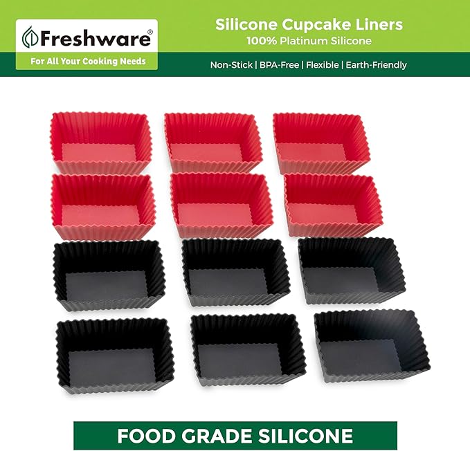 Freshware Cupcake Liners, Pack of 12 Silicone Muffin Cups, 2.8 Inch Baking Cups, Reusable & Non-stick Cupcake Liners for Party Halloween Christmas, Rectangular