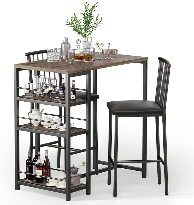 Gizoon 3-Piece Bar Dining Table Set for 2, Kitchen Table w/Shelves Grey | Space-saving grey bar height table set with 3 storage shelves. Includes 2 high-density PU cushion chairs that tuck away. - Image 9