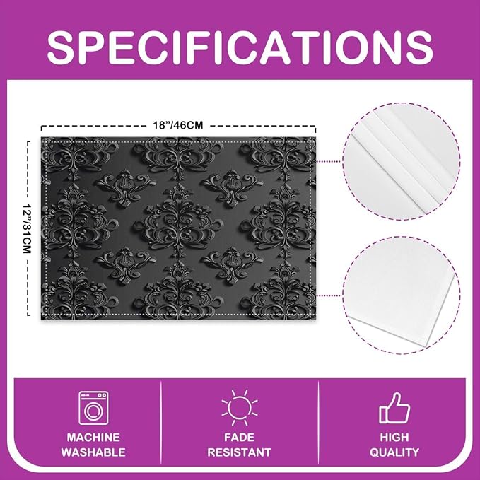 Feelyou Gothic Damask Placemats Set of 4 Vintage Jacquard Table Mats for Party Kitchen Dining Decoration Black Place Mat for Table Holiday Decor Indoor Outdoor 18"x12" Non-Slip Easy to Clean Washable - Image 4
