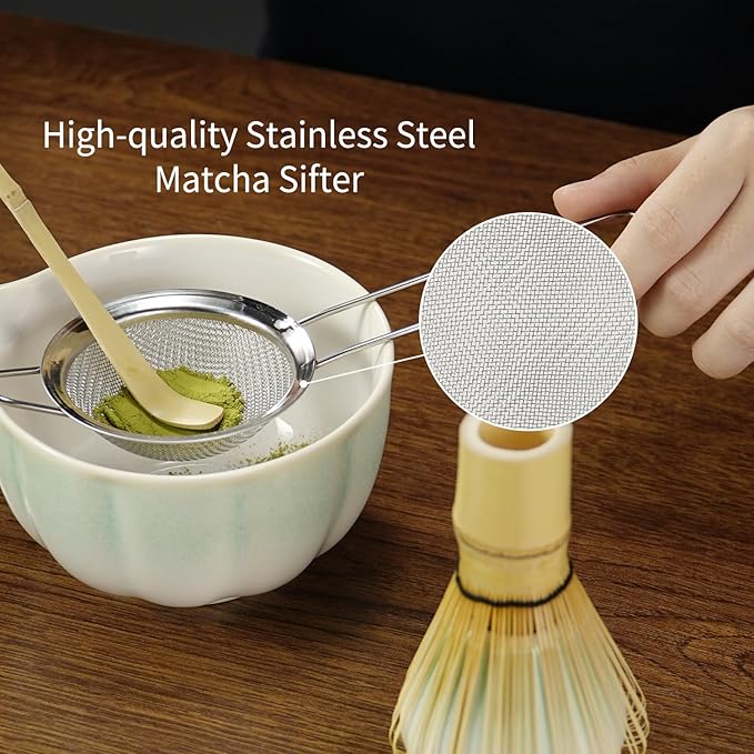 Matcha Whisk Set, 5 Pcs Matcha Kit with Ceramic Bowl (Chawan) with Spout, Bamboo Whisk, Scoop, Sifter, Holder & Tea Cloth – Japanese Matcha Tea Set for Ceremony, Latte & Gifting