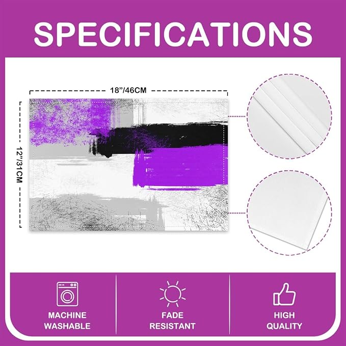 Feelyou Purple Black Grey White Placemats Set of 4 for Kids Boys Girls Abstract Placemat for Kitchen Dining Table Decor Indoor Outdoor 18"x12" Ombre Modern Table Place Mats, Decor Buffalo Check - Image 4