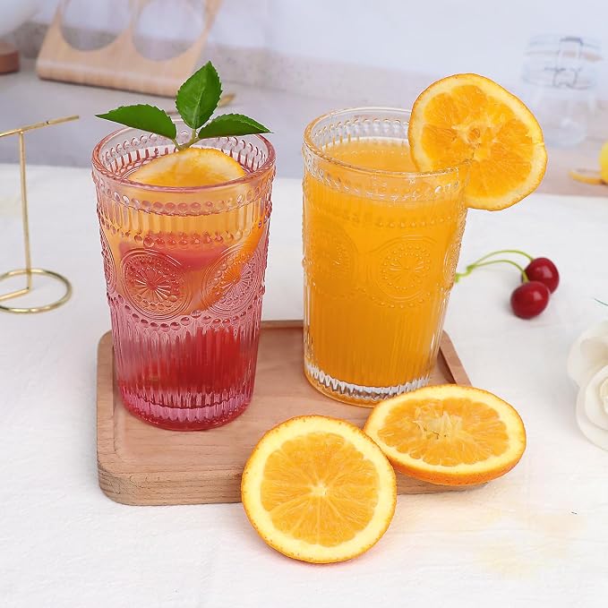 Loivttvv 6pcs Vintage Drinking Glasses Set, 12 oz Pink Highball Glasses, Embossed Ribbed Glassware Cups for Cocktail, Water, Juice, Coffee, Whiskey - Image 9