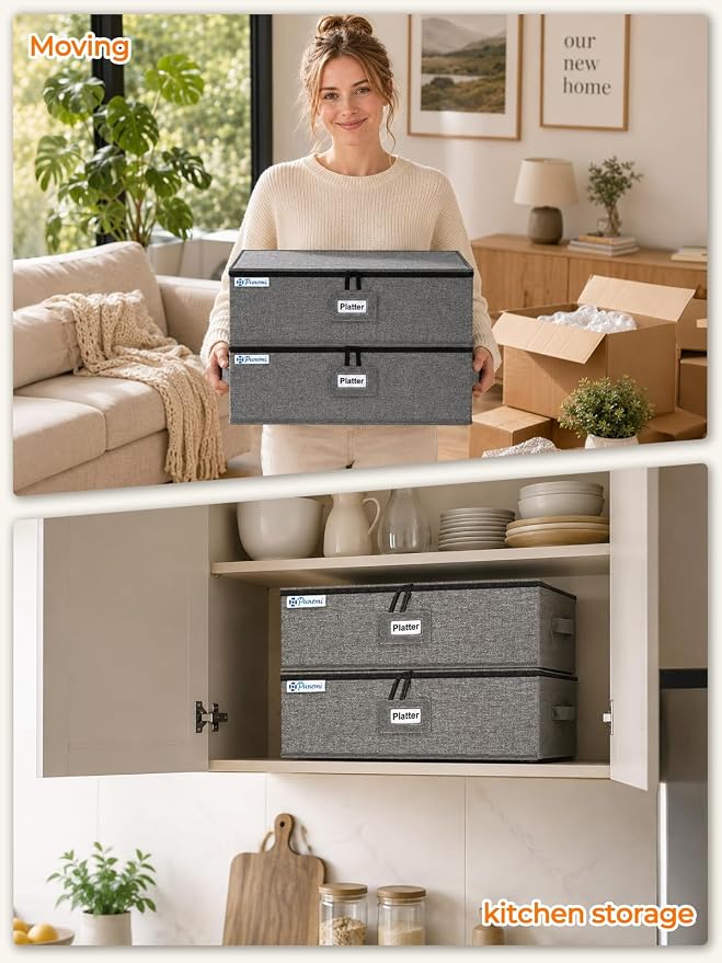 punemi Hard Shell China Platter Storage Containers for Moving, 2 Pack, Grey | Stackable Padded Cases with Felt Dividers, 17 x 13 x 6 in, for Serving Platters, Oval Plates, Trays and Holiday Dishes - Image 8