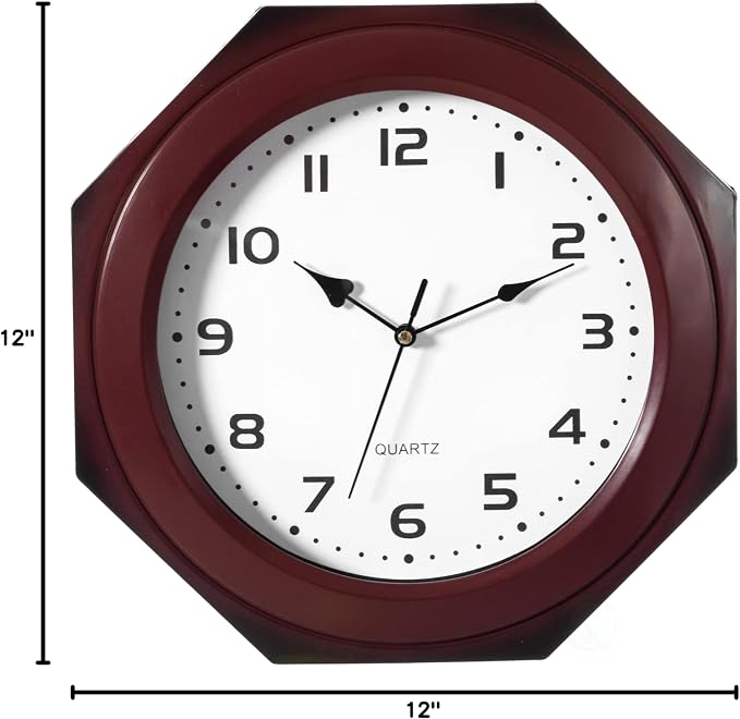 Clockswise Quickway Imports Brown Modern Decorative Octagon Shaped Wood- Looking Plastic Wall Clock for Living Room, Kitchen, or Dining Room - Image 8