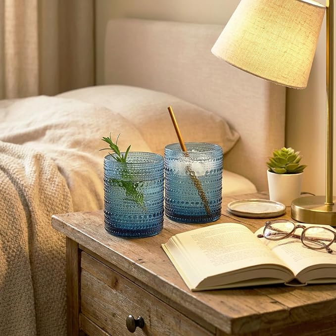 Moretoes 12 Pack 10 Oz Blue Vintage Hobnail Drinking Glasses Set of 12 | Cocktail Glasses Vintage Glassware, Textured Glass Cups Bubble Glasses Water Glasses Old Fashion Jupiter Glasses Set - Image 7